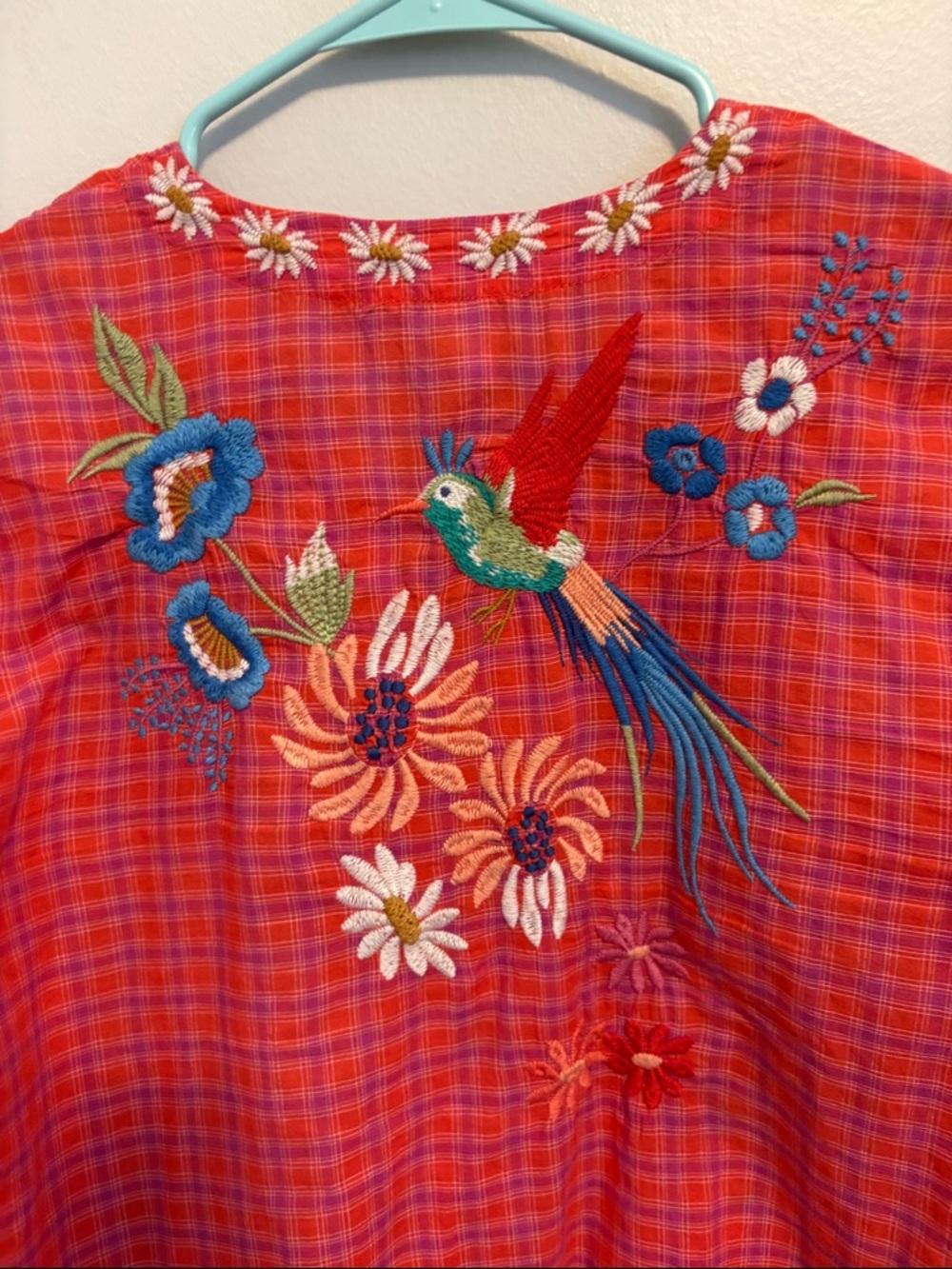 Johnny Was Workshop Red and Purple Plaid Embroidered Floral Peasant Blouse - Picture 8 of 10